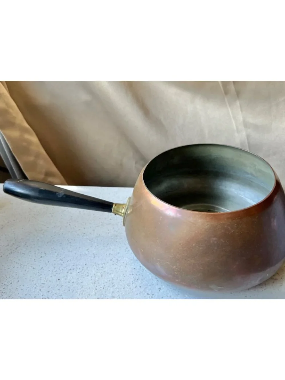 Copper Saucepan With Removable Black Handle & Brass Detail VTG French Country